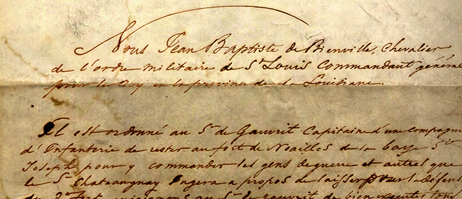 The Louisiana State Archives houses historical records including this handwritten document signed by Jean Baptiste Le Moyne, Sieur de Bienville.