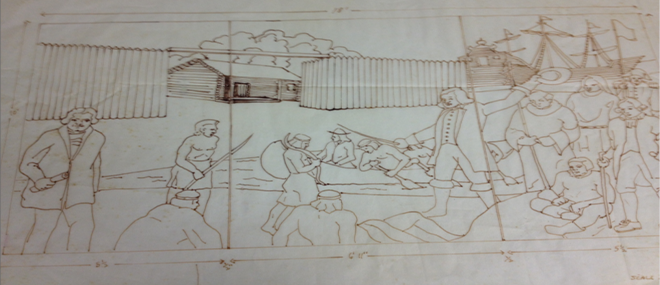 This sketch by artist Al Lavergne depicts one of the five panels on the façade of the Louisiana State Archives.