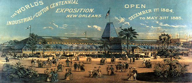This poster depicts the scene of the 1884 World's Fair, the Industrial and Cotton Centennial Exposition, in New Orleans.